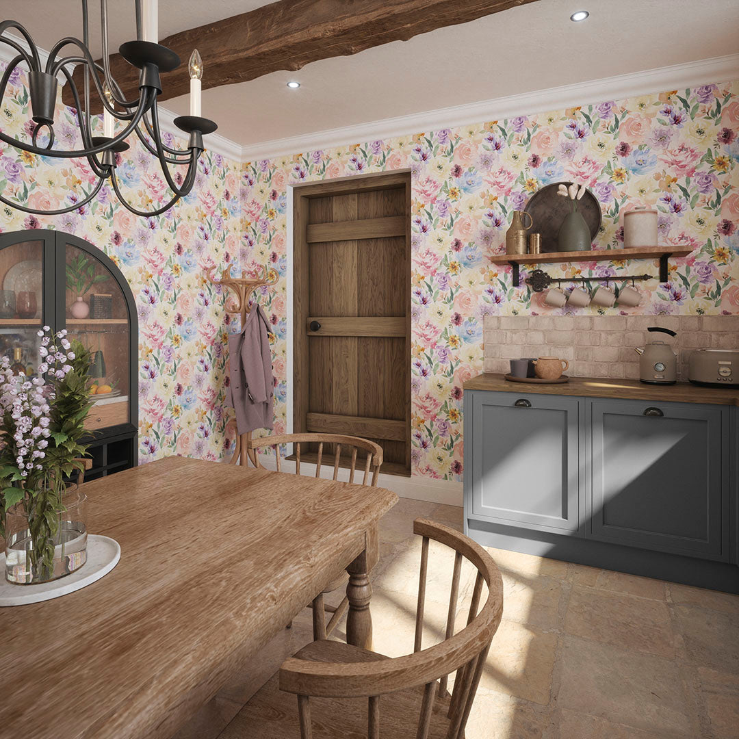 Cottage kitchen setting with a watercolour-style wallpaper featuring various floral illustrations. 