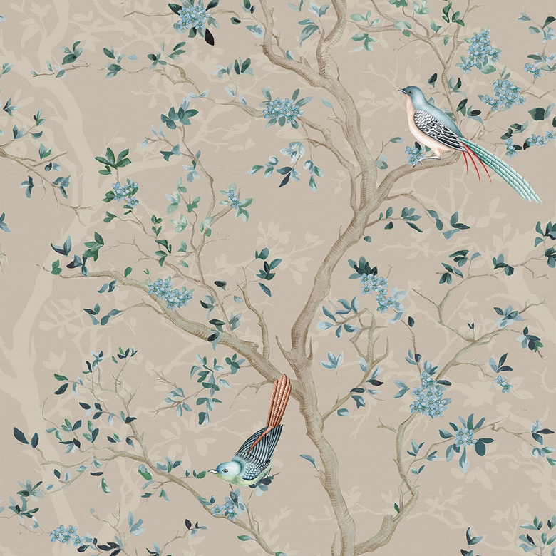 Sample of Branches and Birdsong Wallpaper in Latte