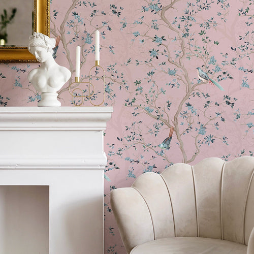 Branches and Birdsong Wallpaper in Rose