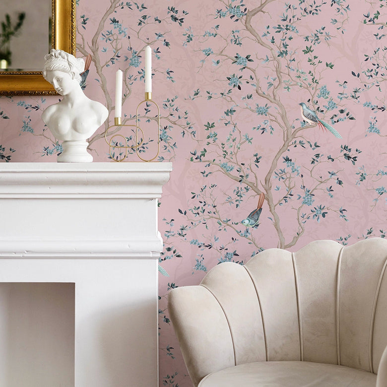 Branches and Birdsong Wallpaper in Rose