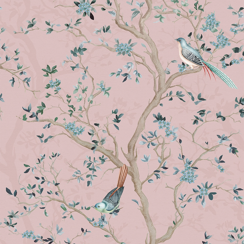 Branches and Birdsong Wallpaper in Rose