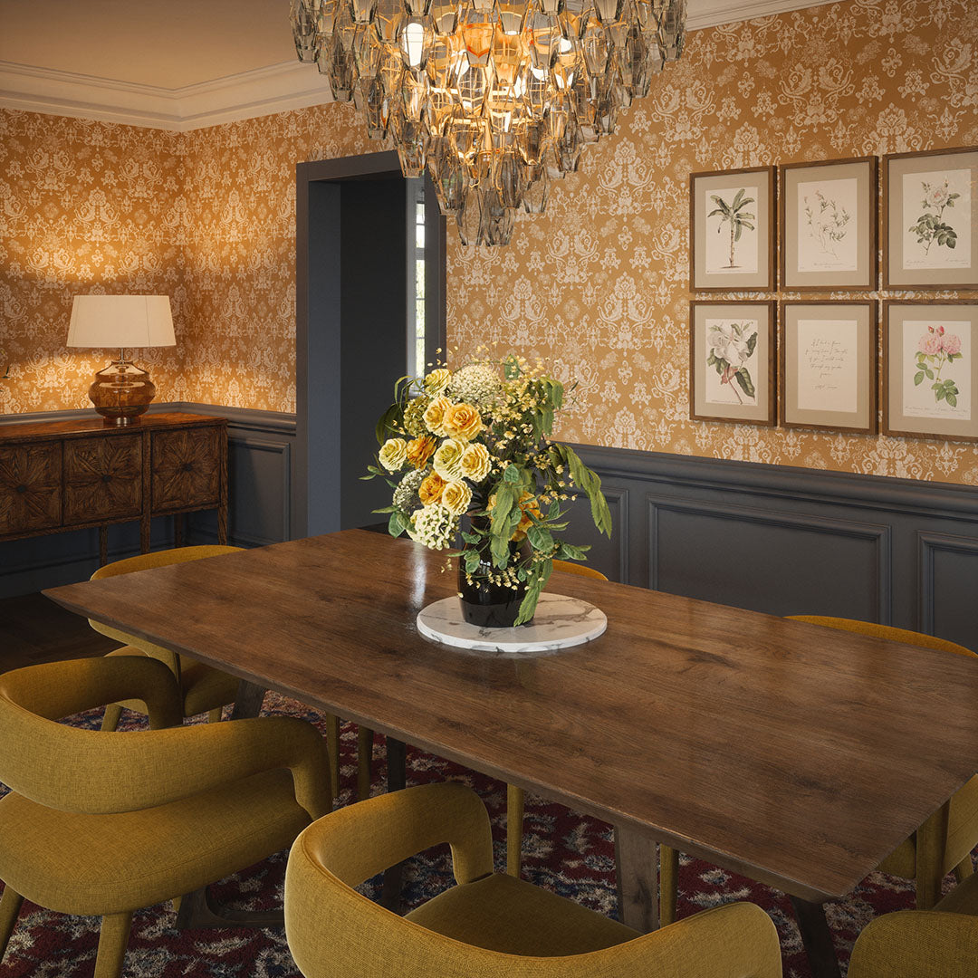 Grand dining room setting with grey panelled walls, featuring damask wallpaper in ochre.