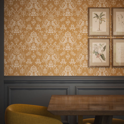 Bridgerton Damask Wallpaper in Burnt Ochre and Vintage Cream