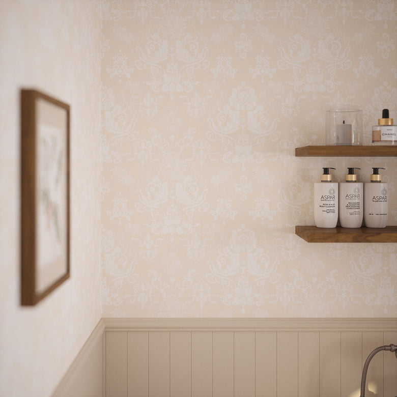 Bridgerton Damask Wallpaper in Classic Cream and Pearl White