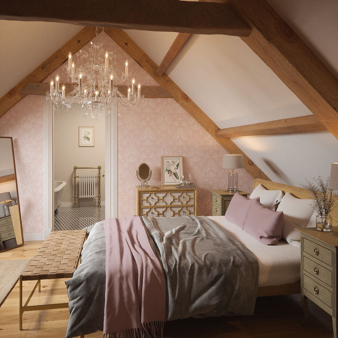 Spaceous bedroom setting with a bathroom entrance. Broad wooden beams and pink damask wallpaper on the walls. 
