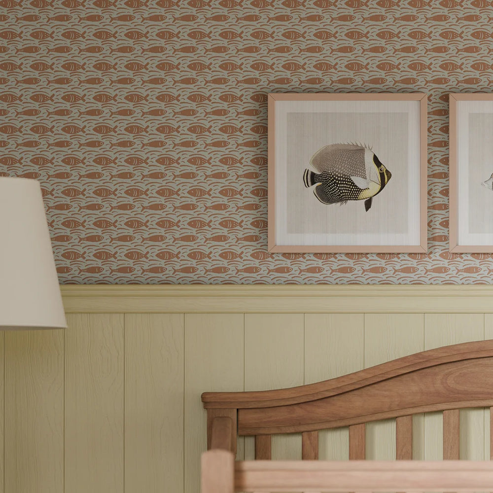 Catch of the Day Wallpaper in Autumn Spice on Duck Egg