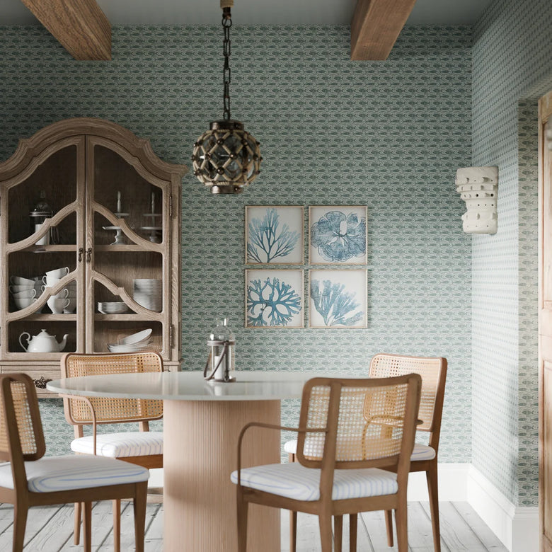 Catch of the Day Wallpaper in Teal on Duck Egg