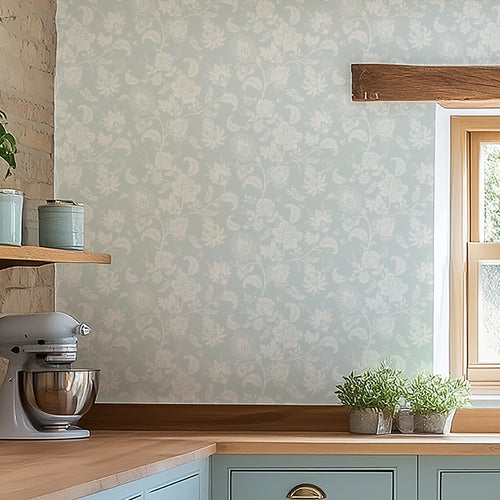 Balmoral Baroque Wallpaper in Milk White on Blue