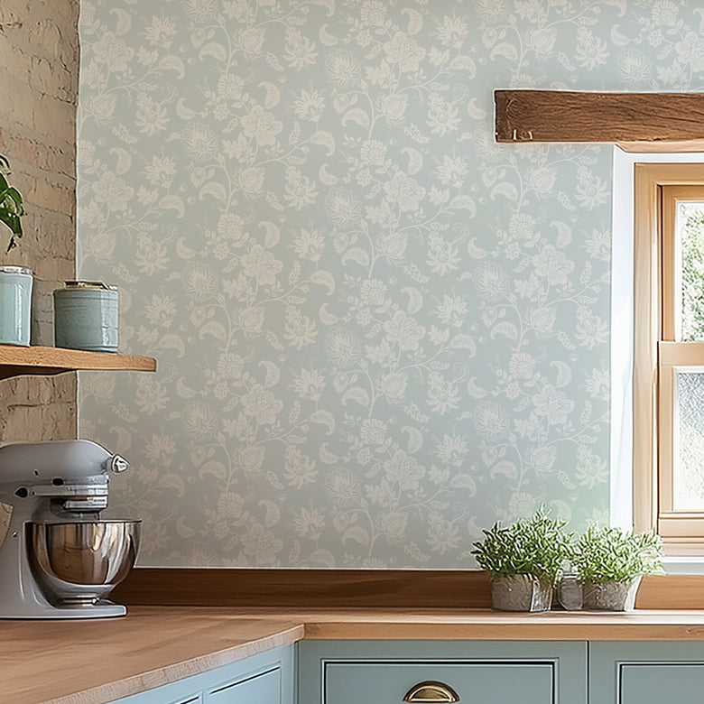 Balmoral Baroque Wallpaper in Milk White on Blue