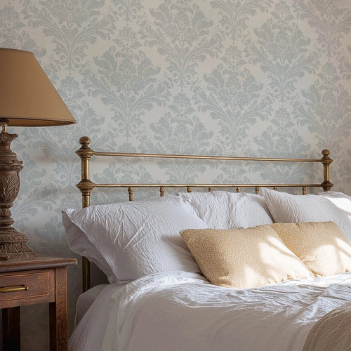 Regal Damask Wallpaper in Blue on Cream
