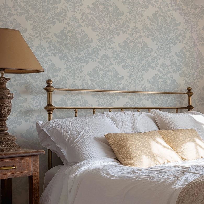 Regal Damask Wallpaper in Blue on Cream