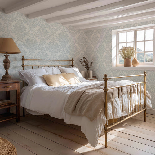 Regal Damask Wallpaper in Blue on Cream