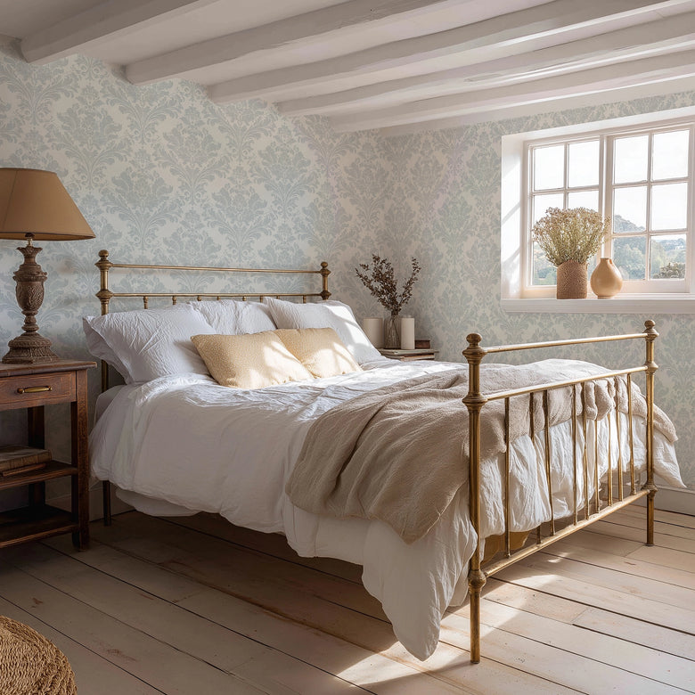 Regal Damask Wallpaper in Blue on Cream