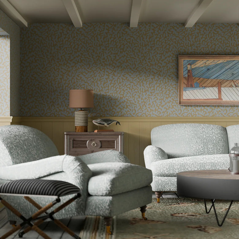 Coral Cove Wallpaper in Cornflower Blue and Rich Ochre