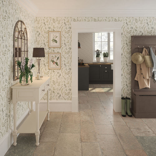 Countryside Trail Wallpaper in Rustic Greens on Ivory Linen
