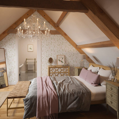 Countryside Trail Wallpaper in Blush, Olive and Sand on White