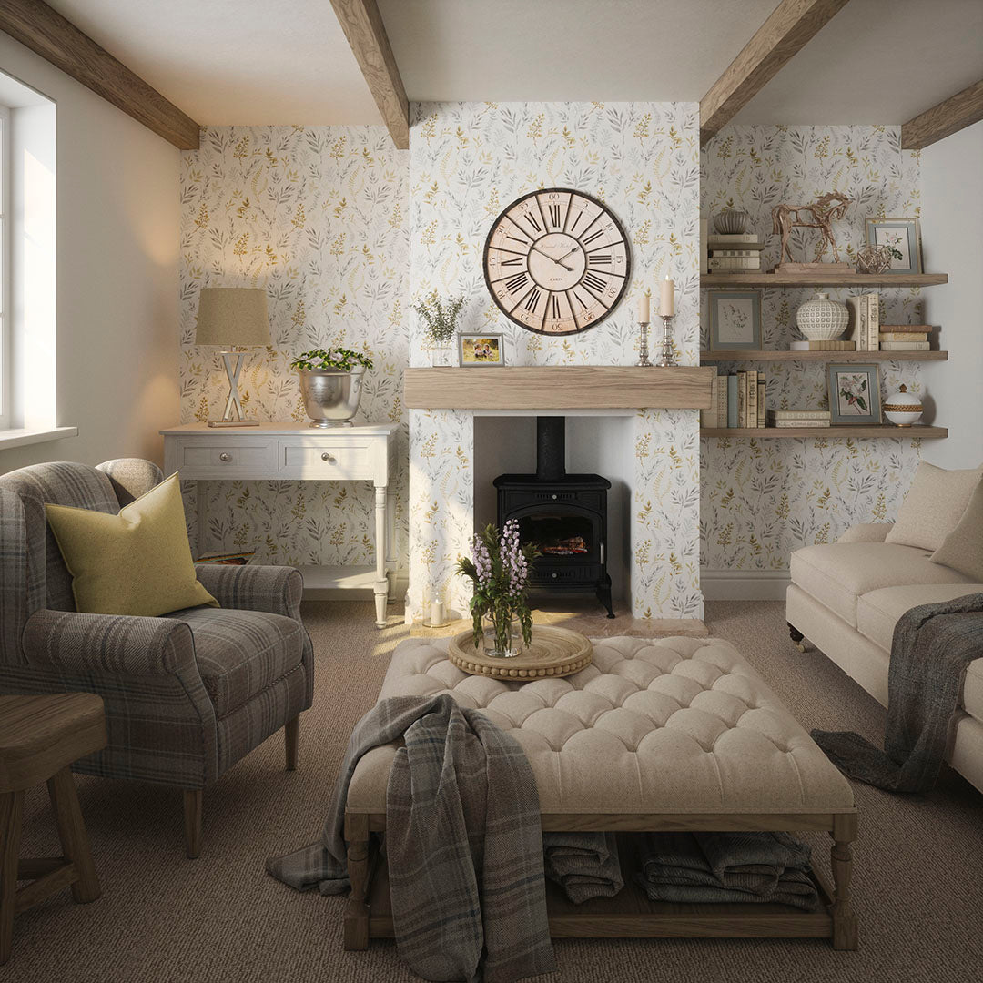 Countryside Trail Wallpaper in Ochre and Vintage Grey on Soft Cream