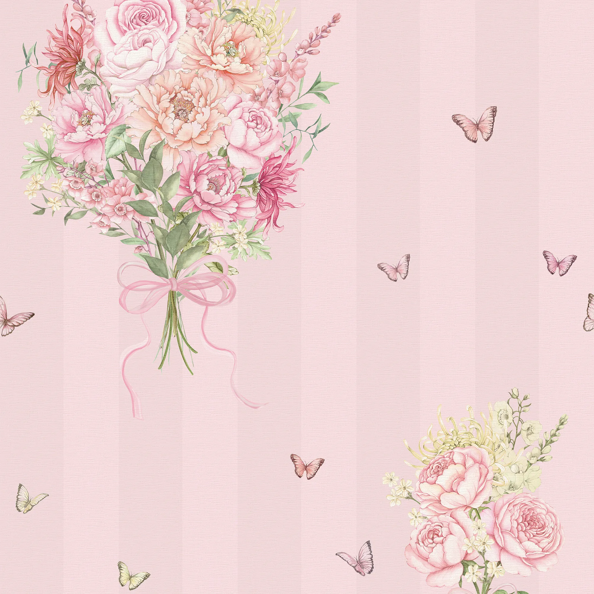 Floral wallpaper design with pink flowers and butterflies on a light pink, striped background.