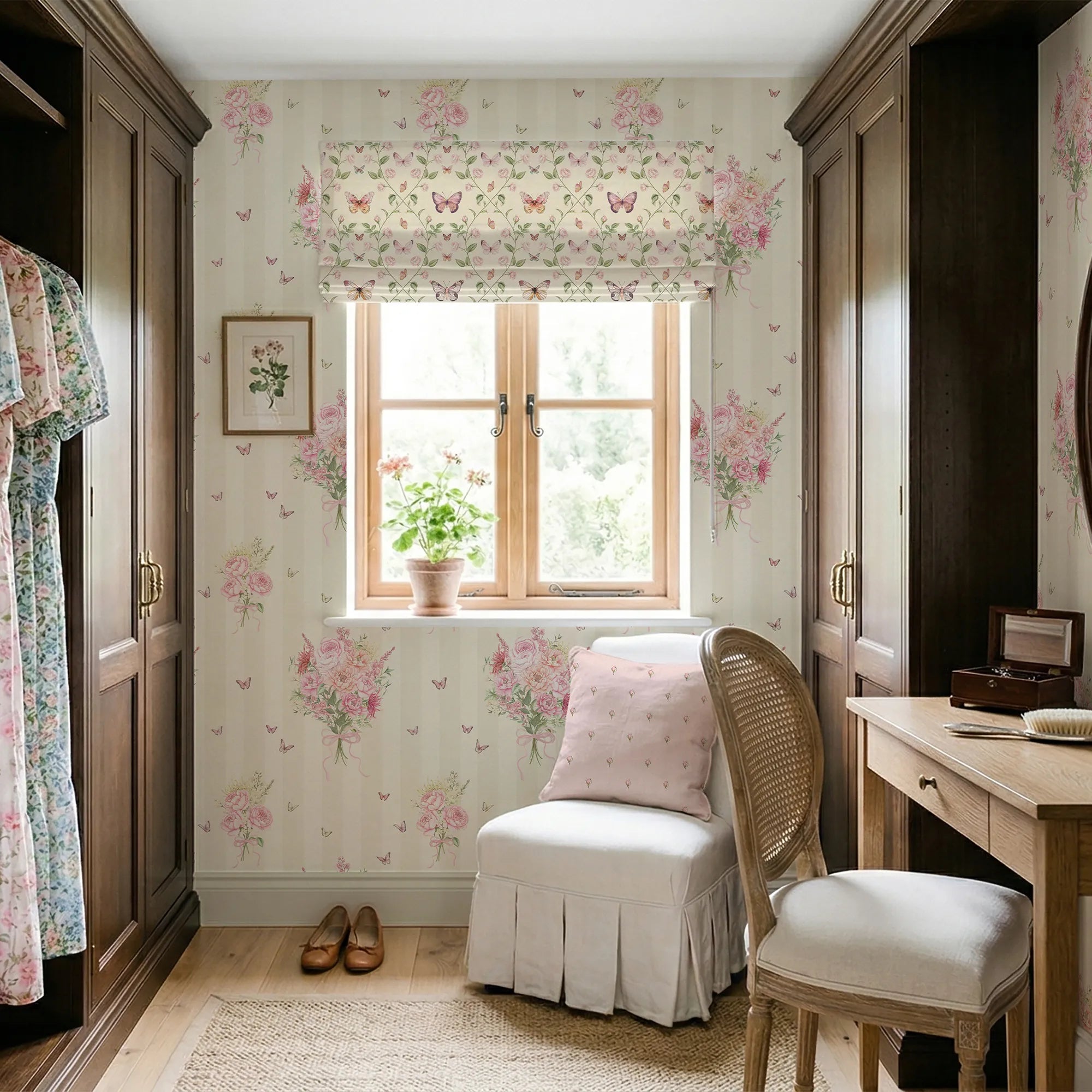 Dressing room with a cream floral wallpaper, wooden furniture, and a window with a plant.