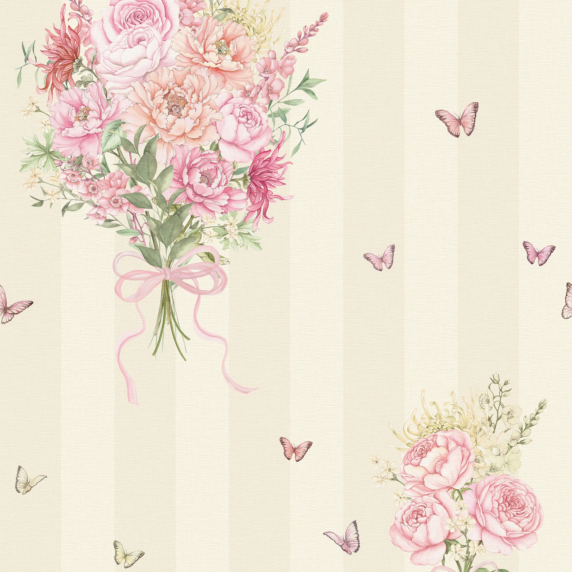 Floral wallpaper design with pink roses, green leaves, and butterflies on a cream background.