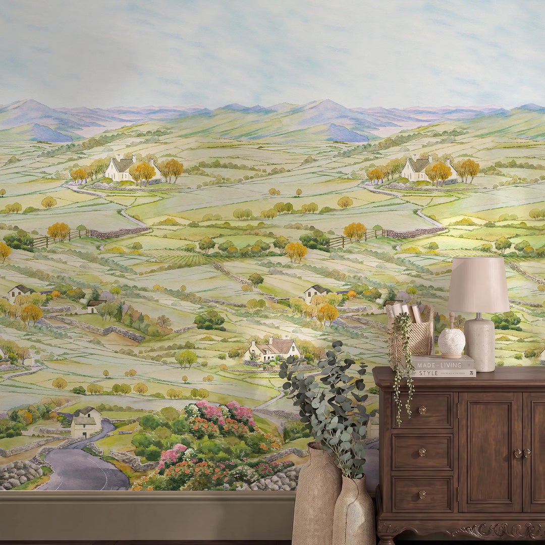 Dales Delight Wallpaper in Greens and Sky Blue