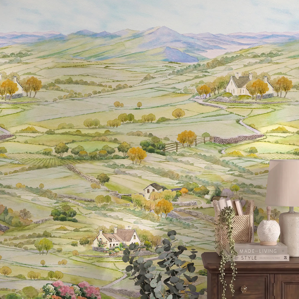 Dales Delight Wallpaper in Greens and Sky Blue