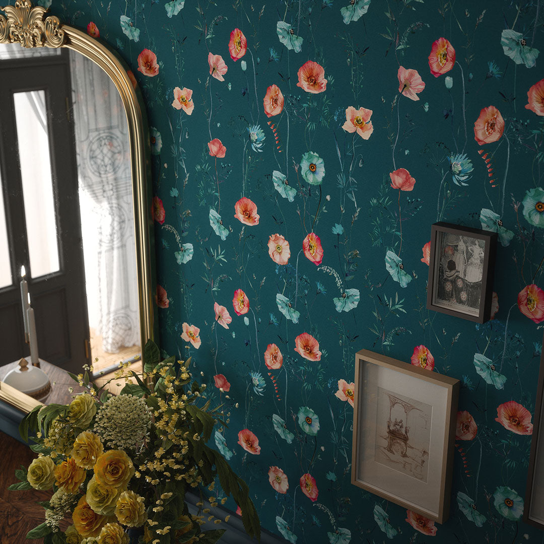 Delicate Stems Wallpaper in Shades of Coral on Teal