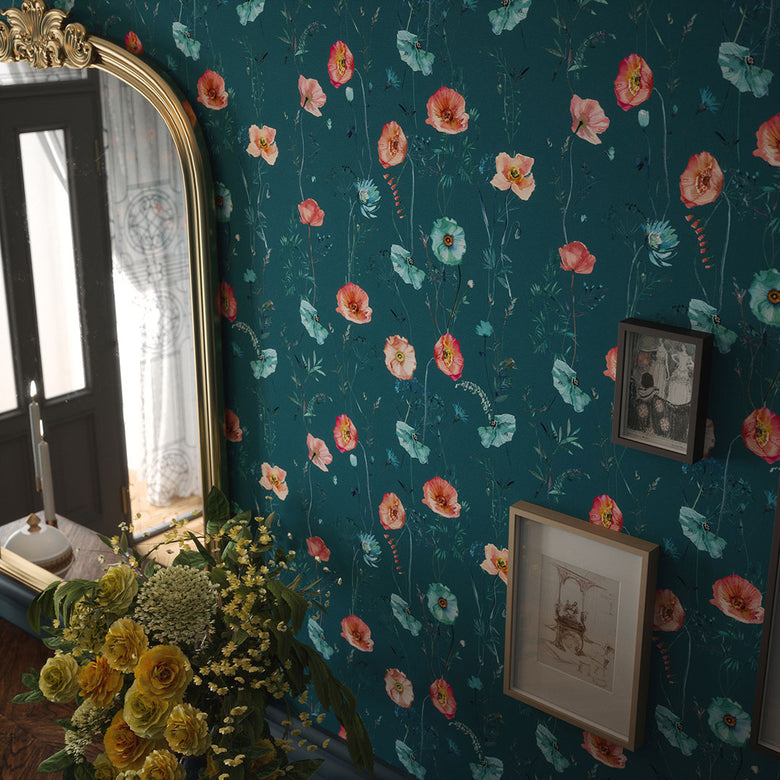 Delicate Stems Wallpaper in Shades of Coral on Teal