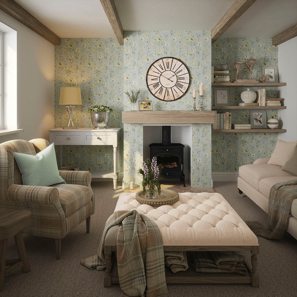 Delicate Stems Wallpaper  in Shades of Cream on Seafoam Green