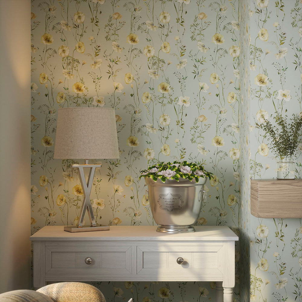 Delicate Stems Wallpaper  in Shades of Cream on Seafoam Green