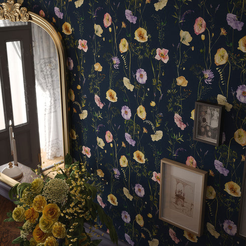 Delicate Stems Wallpaper in Soft Pastels on Classic Navy