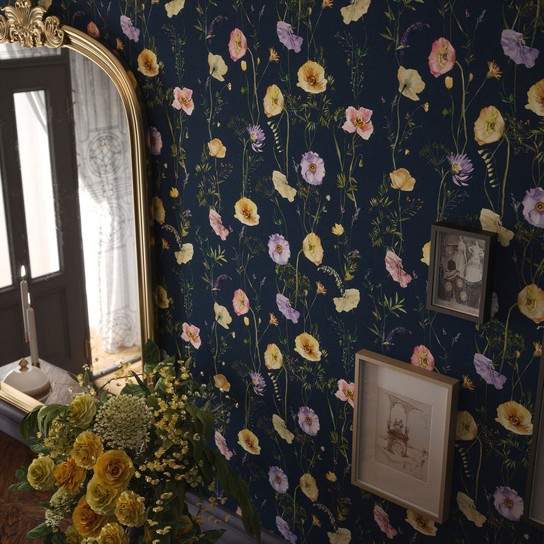 Delicate Stems Wallpaper in Soft Pastels on Classic Navy