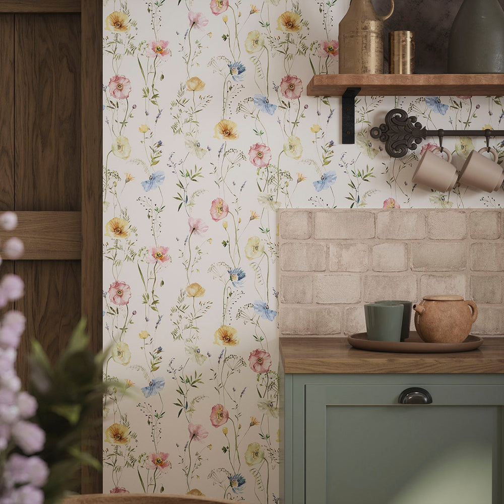 Delicate Stems Wallpaper in Soft Pastels on Linen