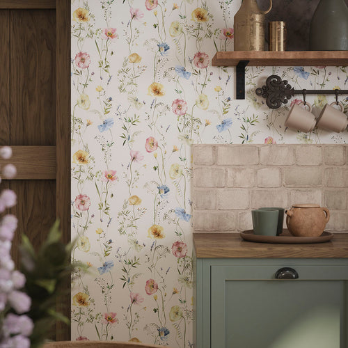 Delicate Stems Wallpaper in Soft Pastels on Linen