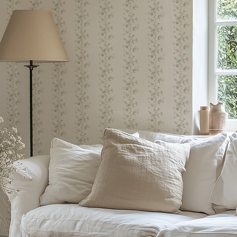 Ditsy Hawthorn Stripe Wallpaper in Cream