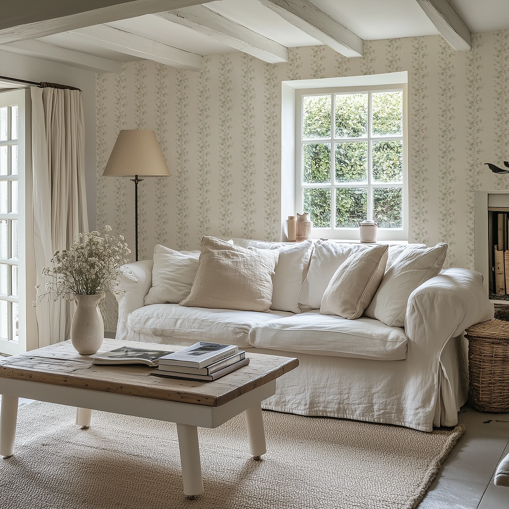 Ditsy Hawthorn Stripe Wallpaper in Cream