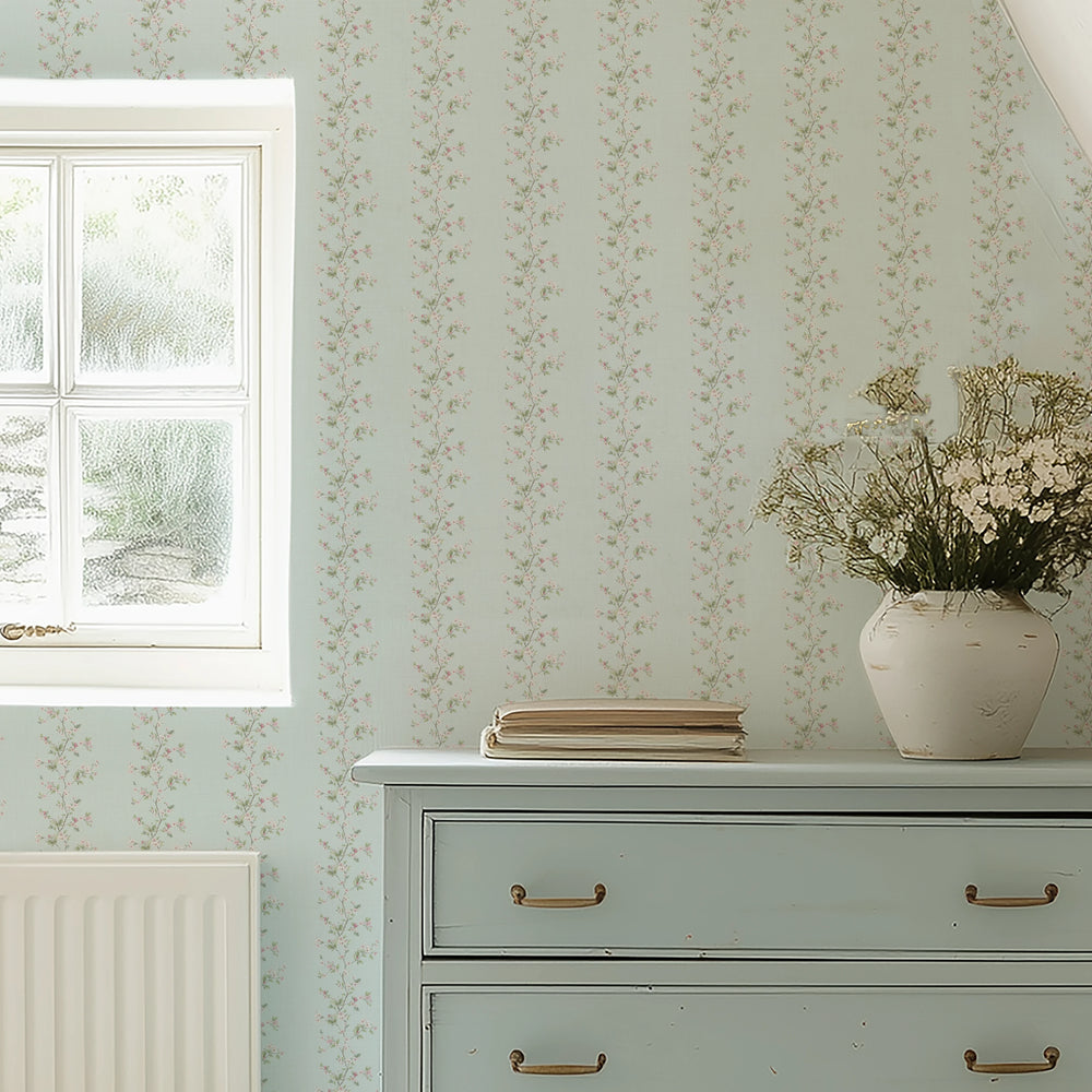 Ditsy Hawthorn Stripe Wallpaper in Duck Egg