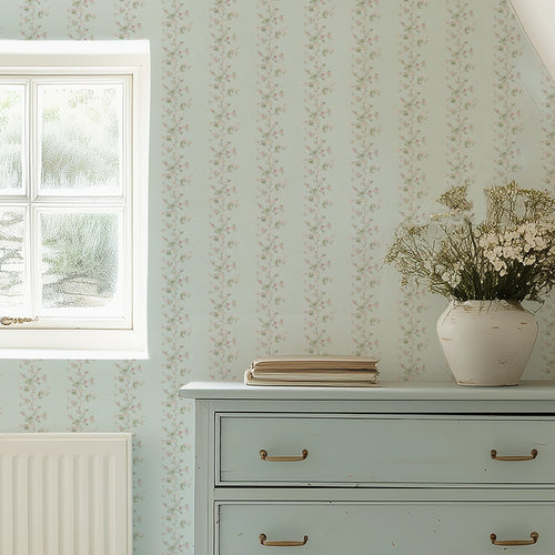 Ditsy Hawthorn Stripe Wallpaper in Duck Egg
