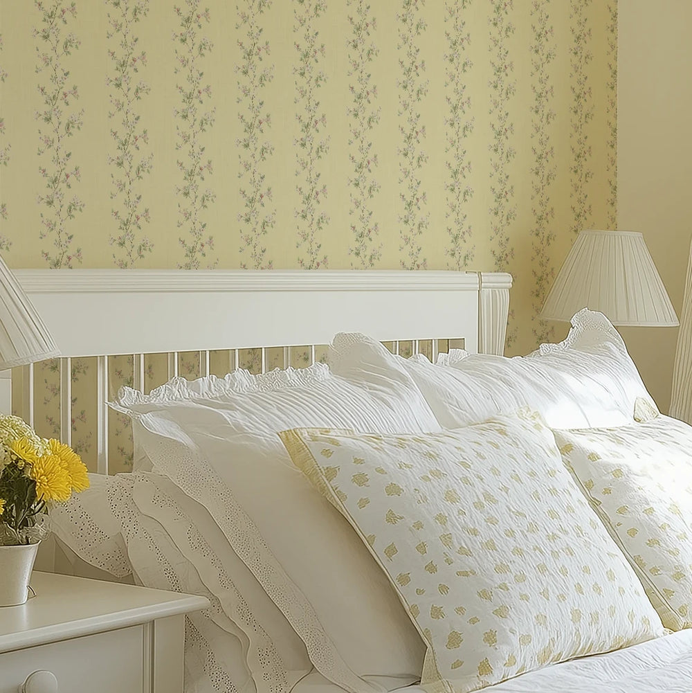 Ditsy Hawthorn Stripe Wallpaper in Lemon