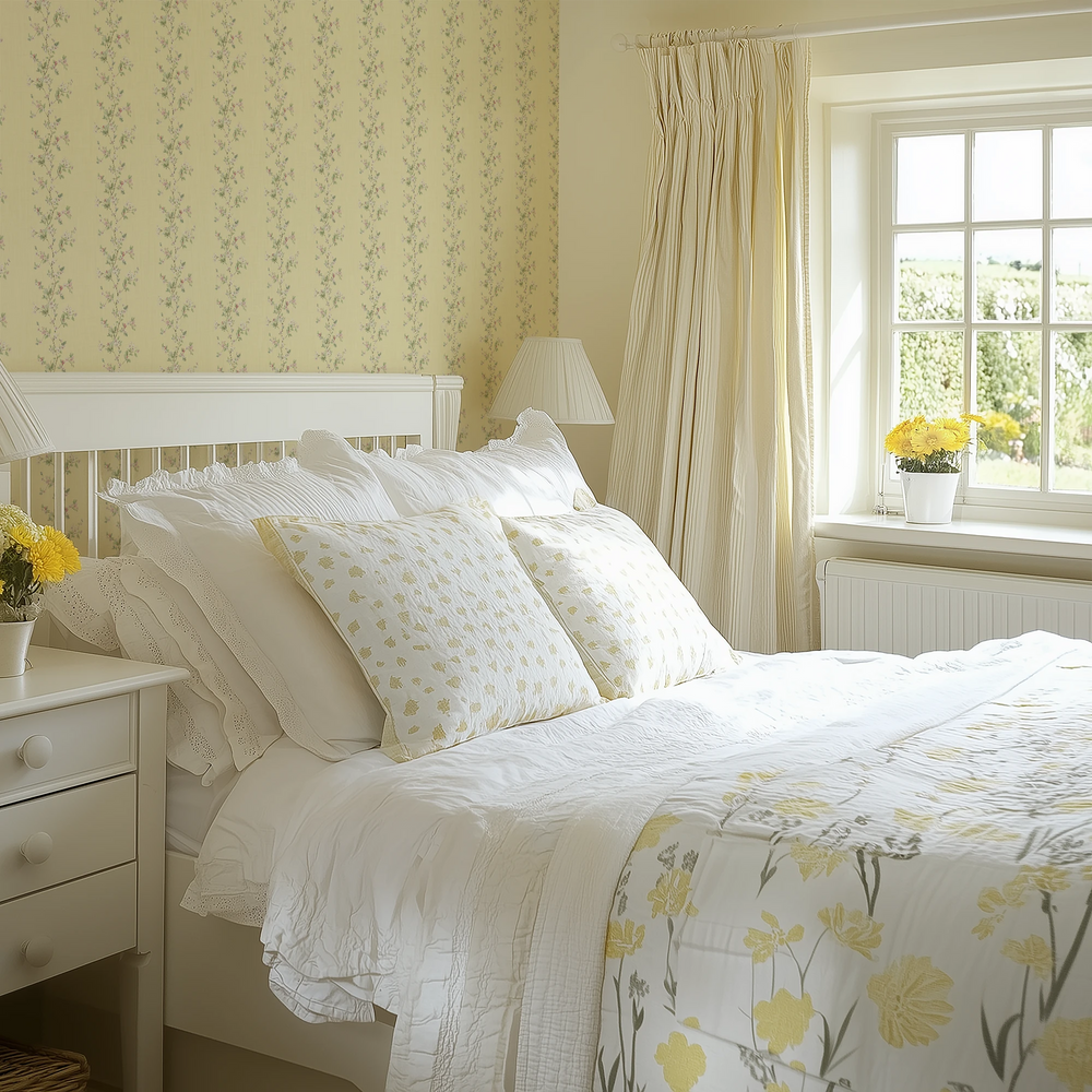 Ditsy Hawthorn Stripe Wallpaper in Lemon