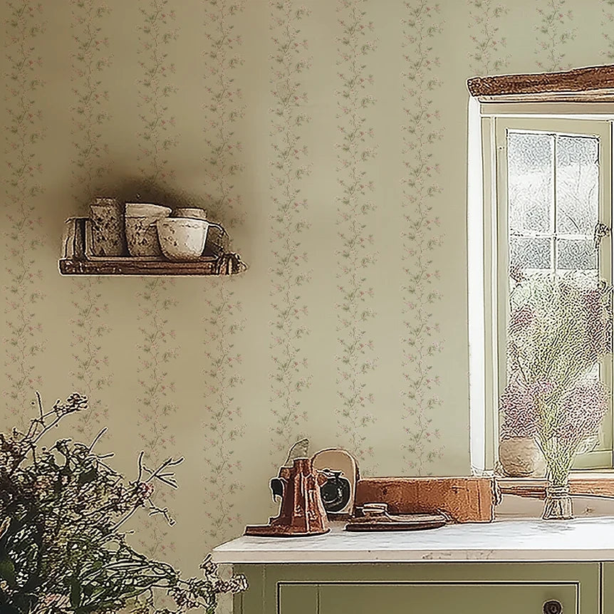 Ditsy Hawthorn Stripe Wallpaper in Sage
