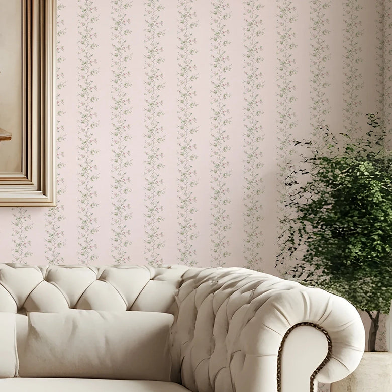 Ditsy Hawthorn Stripe Wallpaper in Soft Pink