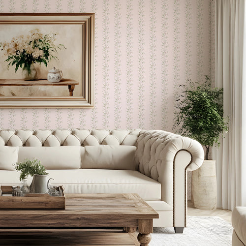 Ditsy Hawthorn Stripe Wallpaper in Soft Pink