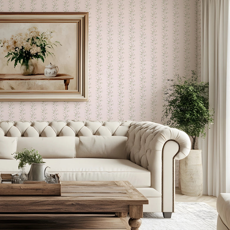 Ditsy Hawthorn Stripe Wallpaper in Soft Pink
