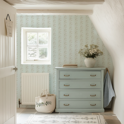 Ditsy Hawthorn Stripe Wallpaper in Duck Egg