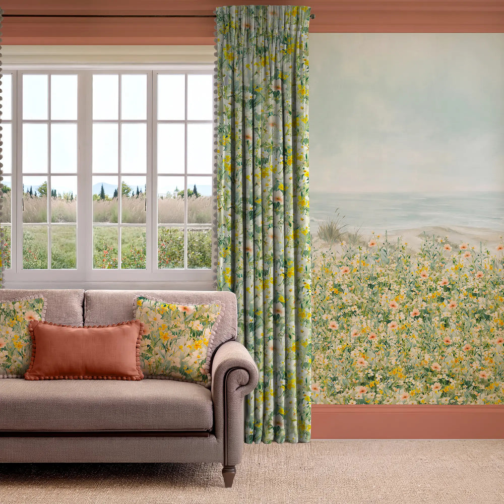 Dunes in Bloom Wallpaper in Greens, Yellows, Pink and Sky Blue