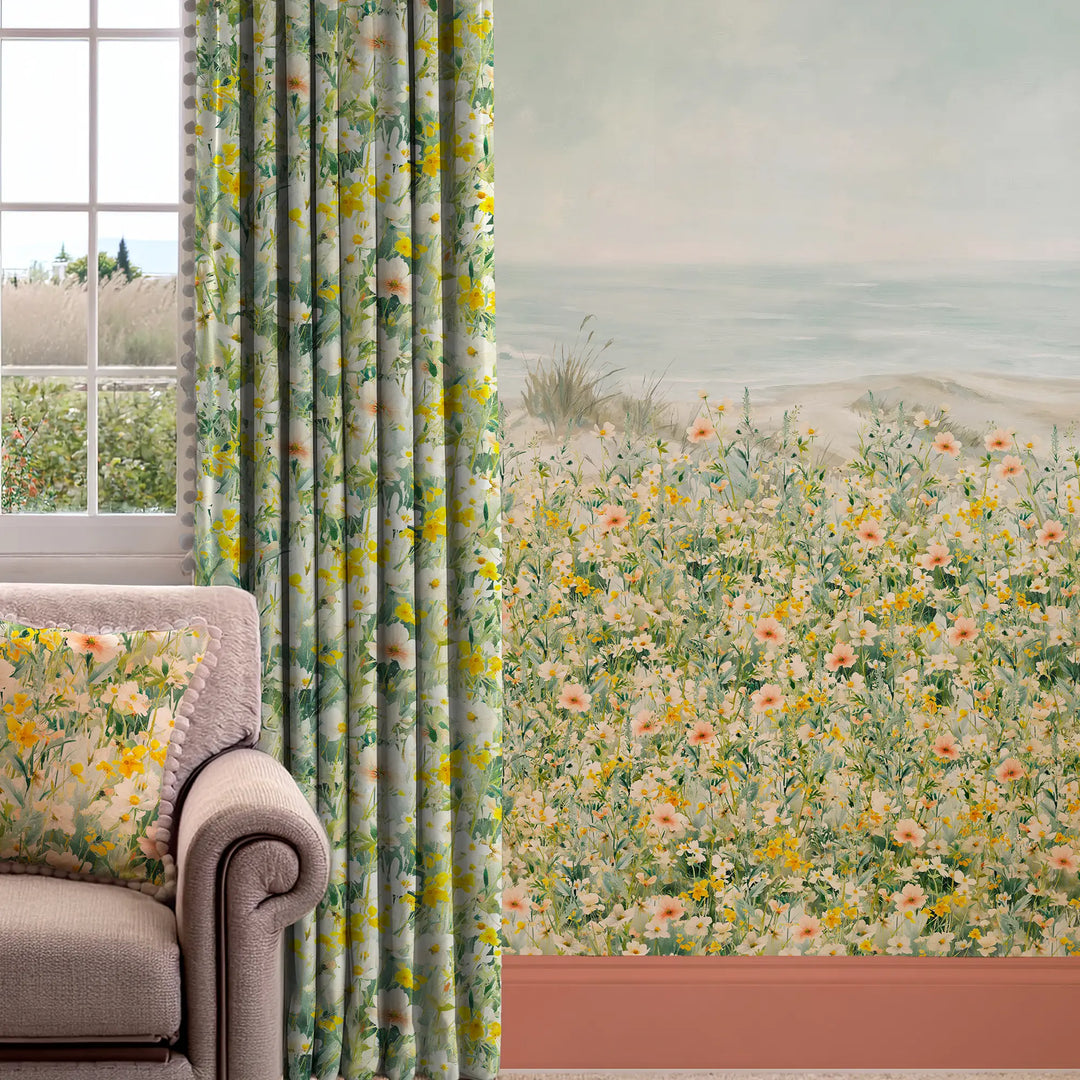 Dunes in Bloom Wallpaper in Greens, Yellows, Pink and Sky Blue