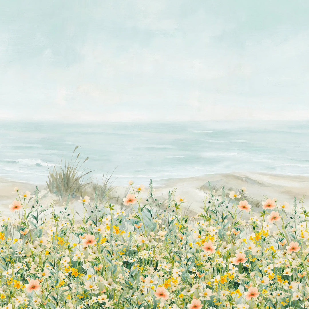 Dunes in Bloom Wallpaper in Greens, Yellows, Pink and Sky Blue