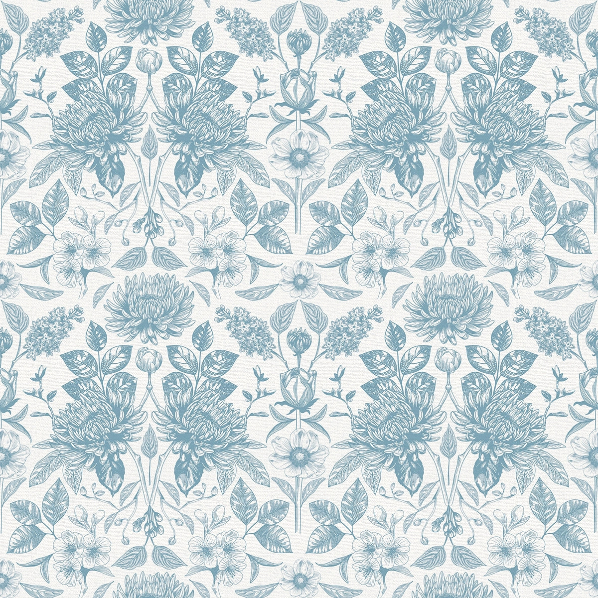 Wallpaper pattern of blue flowers and leaves on a cream background.