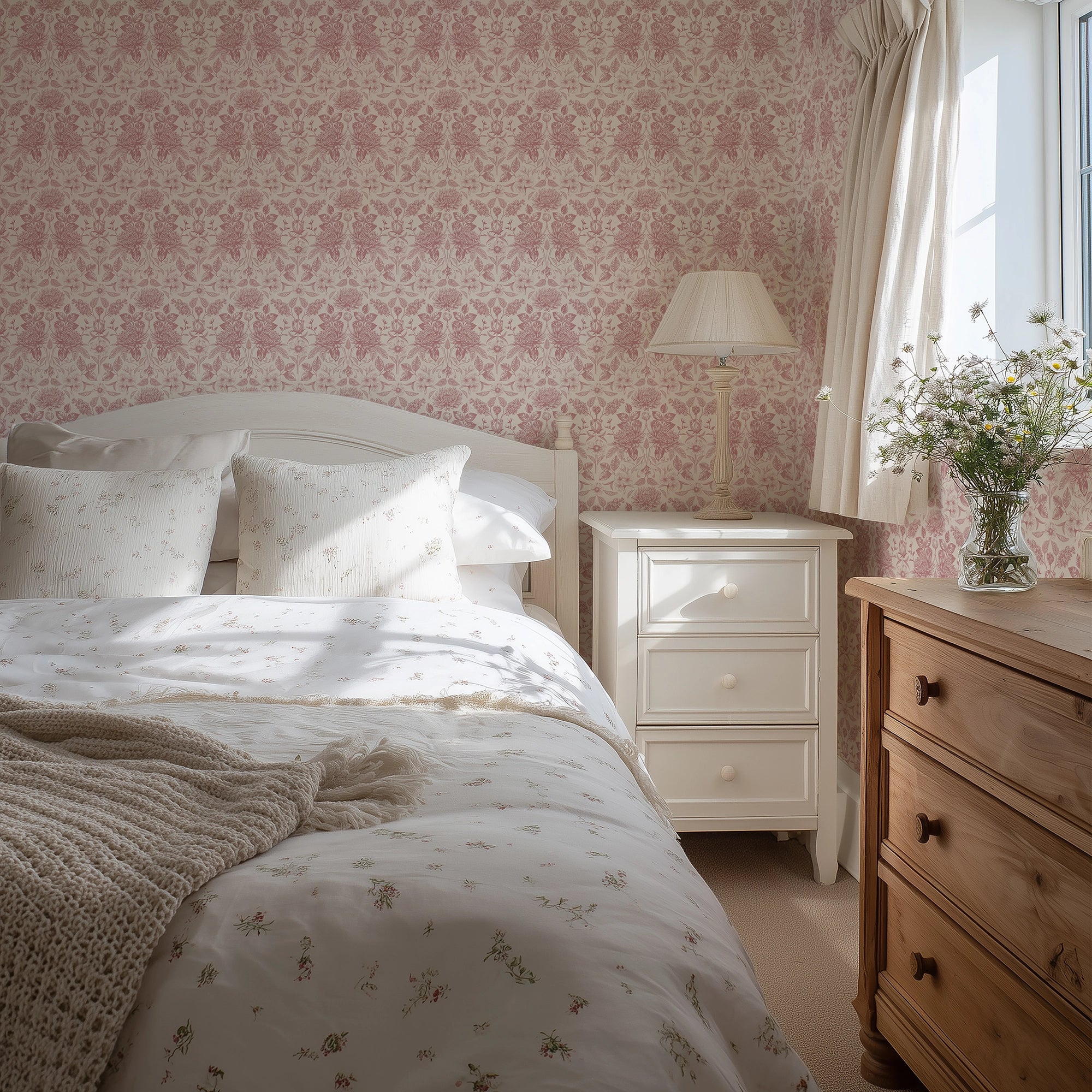 Eleanora Wallpaper in Dusky Pink on Milk Foam